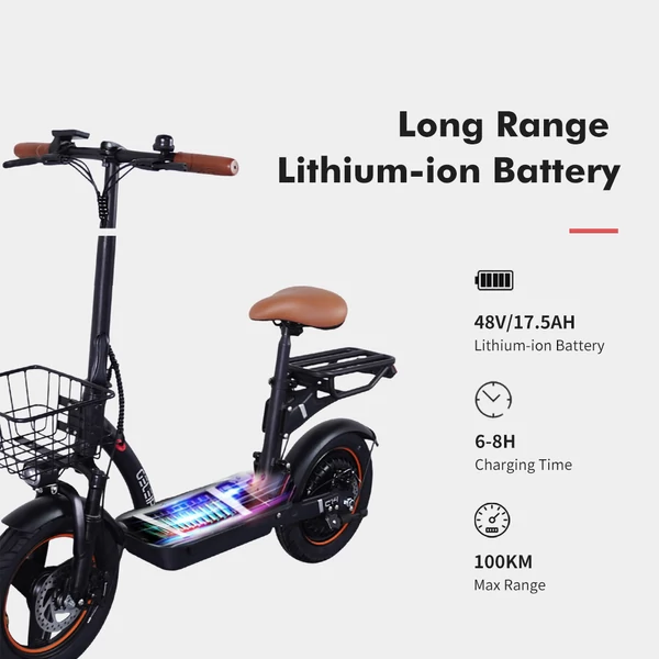 GELEIPU C14 elektromos roller üléssel: 500W, 48V 17.5Ah, 14" kerék, 25km/h, 100km hatótáv, kettős lengéscsillapító, tárcsafék