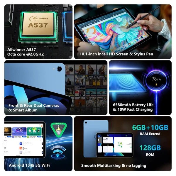 G‑tab PAD10 PRO NEO tablet, 10.1'' 1280×800 Incell, Allwinner A537, 6GB RAM 128GB ROM, Android 15, WiFi, BT5.0, 5MP+13MP kamera, 6580mAh