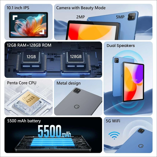 G‑tab T9 Pro tablet, 10.1'' 1280×800 IPS, Allwinner A333, Android 15, 4GB RAM 128GB ROM, WiFi 2.4/5G, BT 5.0, GPS, 2MP+5MP kamera, 5500mAh