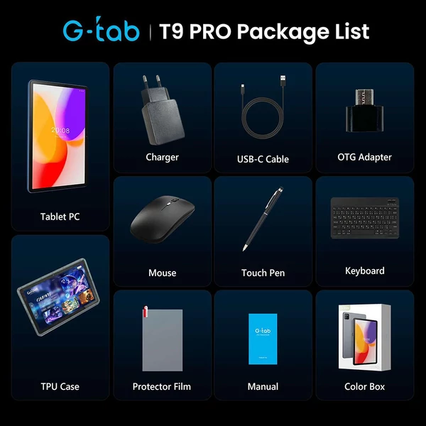 G‑tab T9 Pro tablet, 10.1'' 1280×800 IPS, Allwinner A333, Android 15, 4GB RAM 128GB ROM, WiFi 2.4/5G, BT 5.0, GPS, 2MP+5MP kamera, 5500mAh