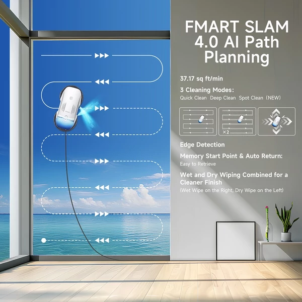 FMART T10 PRO ablakporszívó robot, száraz‑nedves tisztítás, 3800Pa szívóerő, AI útvonal, 4 mód, APP/ távirányító, 120ml tartály, élérzékelés