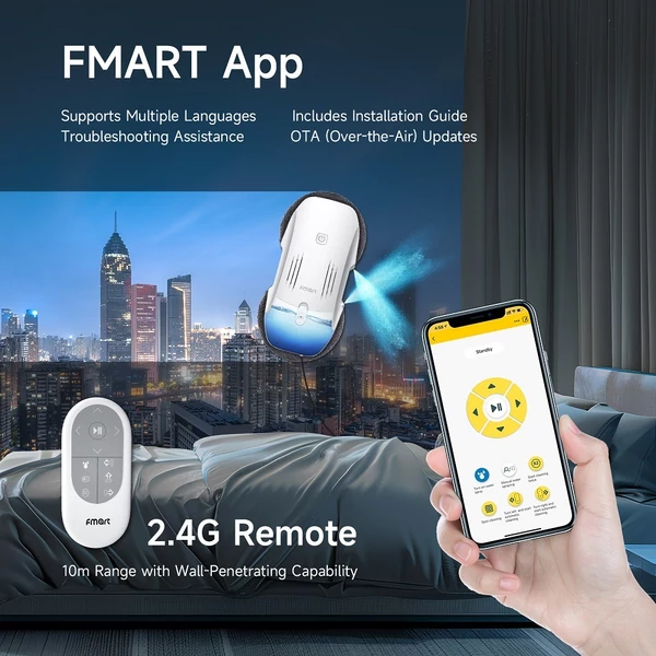 FMART T10 PRO ablakporszívó robot, száraz‑nedves tisztítás, 3800Pa szívóerő, AI útvonal, 4 mód, APP/ távirányító, 120ml tartály, élérzékelés
