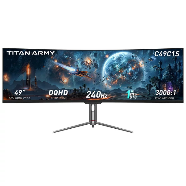 TITAN ARMY C49C1S 49" ívelt gamer monitor, 5120×1440 Dual QHD, 240Hz, 1ms, HDR400, KVM, PIP/PBP, FreeSync/G‑Sync, HDMI 2.1, DP 1.4, Type‑C