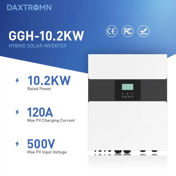 DAXTROMN 10.2kW hibrid napelemes inverter, 48V tiszta szinusz, 2 MPPT, 500V PV, 120A töltés, 16000VA induló teljesítmény, párhuzamos/3 fázis