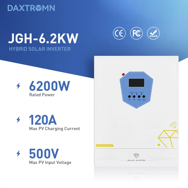 DAXTROMN 6.2kW hibrid napelemes inverter, 48V tiszta szinusz, 8500W PV, 120A töltés, 500V PV, 12400VA induló teljesítmény, UPS, RS232/WiFi/BMS