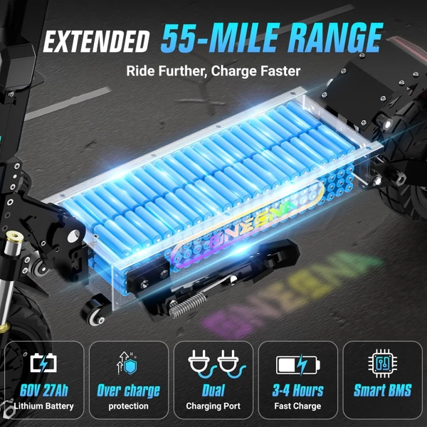 ONECNA GT7 összecsukható elektromos roller, dupla 2800W motor, 60V 27Ah akku, 80 km/h, 89 km hatótáv, 11" terepgumi, olajos fék, app, 150 kg