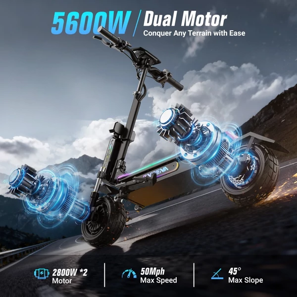 ONECNA GT7 összecsukható elektromos roller, dupla 2800W motor, 60V 27Ah akku, 80 km/h, 89 km hatótáv, 11" terepgumi, olajos fék, app, 150 kg