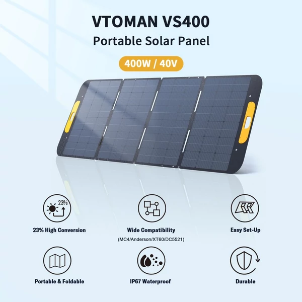 VTOMAN VS400 400W hordozható, összecsukható napelem – 23% hatékonyságú monokristályos cellák, IP67 ETFE felület, állítható támasz, MC4 csatlakozó