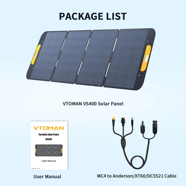 VTOMAN VS400 400W hordozható, összecsukható napelem – 23% hatékonyságú monokristályos cellák, IP67 ETFE felület, állítható támasz, MC4 csatlakozó