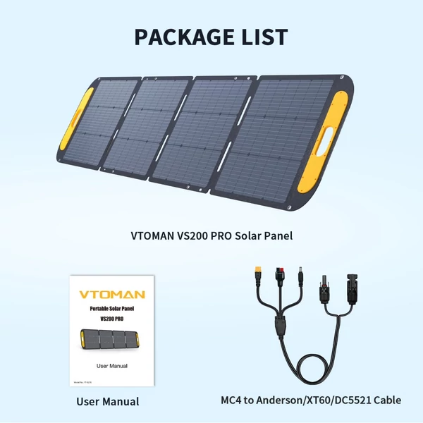 VTOMAN VS200 PRO 200W hordozható, összecsukható napelem – 23% monokristályos cellák, IP67 vízálló, ETFE felület, állítható támasz, MC4 csatlakozó