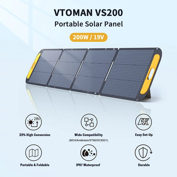 VTOMAN VS200 200W hordozható, összecsukható napelem, 23% hatékonyságú monokristály cellák, IP67 vízálló ETFE felület, állítható támasz, MC4 csatlakozó