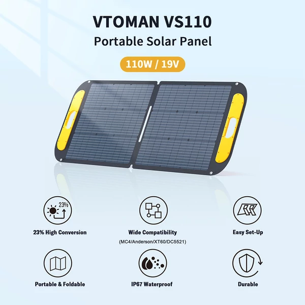 VTOMAN VS110 110W hordozható, összecsukható napelem – 23% monokristályos cellák, IP67 vízálló ETFE felület, állítható támasz, MC4 csatlakozó