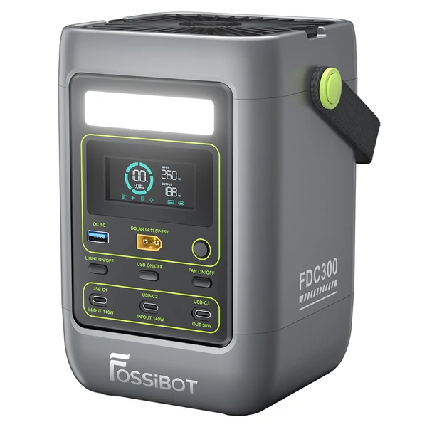 FOSSiBOT FDC300 hordozható erőmű, 288Wh LiFePO4 akkumulátor, 140W USB‑C dupla kimenet, gyors töltés, QC3.0, XT60 bemenet, hűtőventilátor, HD kijelző