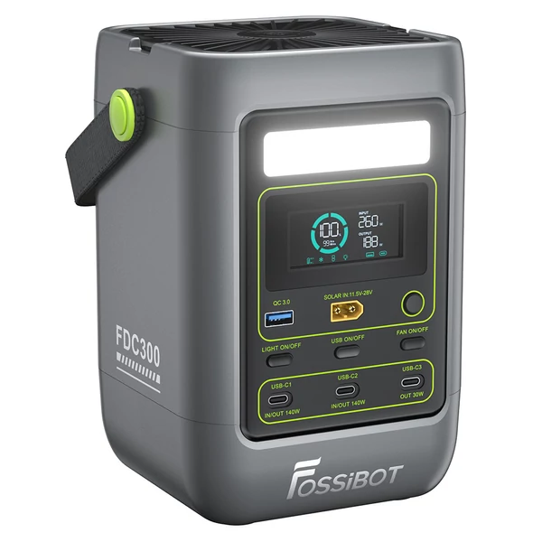 FOSSiBOT FDC300 hordozható erőmű, 288Wh LiFePO4 akkumulátor, 140W USB‑C dupla kimenet, gyors töltés, QC3.0, XT60 bemenet, hűtőventilátor, HD kijelző