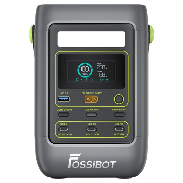 FOSSiBOT FDC300 hordozható erőmű, 288Wh LiFePO4 akkumulátor, 140W USB‑C dupla kimenet, gyors töltés, QC3.0, XT60 bemenet, hűtőventilátor, HD kijelző