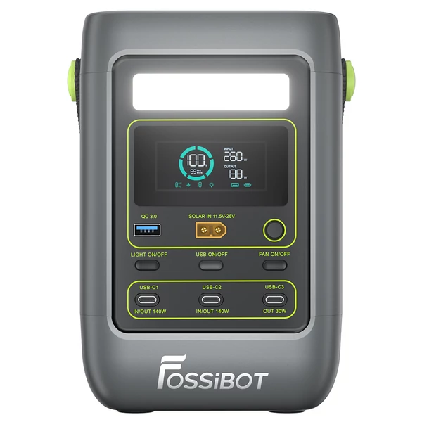 FOSSiBOT FDC300 hordozható erőmű, 288Wh LiFePO4 akkumulátor, 140W USB‑C dupla kimenet, gyors töltés, QC3.0, XT60 bemenet, hűtőventilátor, HD kijelző