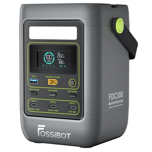 FOSSiBOT FDC300 hordozható erőmű, 288Wh LiFePO4 akkumulátor, 140W USB‑C dupla kimenet, gyors töltés, QC3.0, XT60 bemenet, hűtőventilátor, HD kijelző