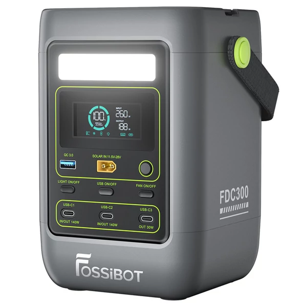 FOSSiBOT FDC300 hordozható erőmű, 288Wh LiFePO4 akkumulátor, 140W USB‑C dupla kimenet, gyors töltés, QC3.0, XT60 bemenet, hűtőventilátor, HD kijelző