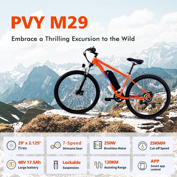 PVY M29 elektromos kerékpár – 250W, 48V 17.5Ah, 29", 25km/h, 120km hatótáv, Shimano 7 sebesség, applikáció vezérlés – Szürke