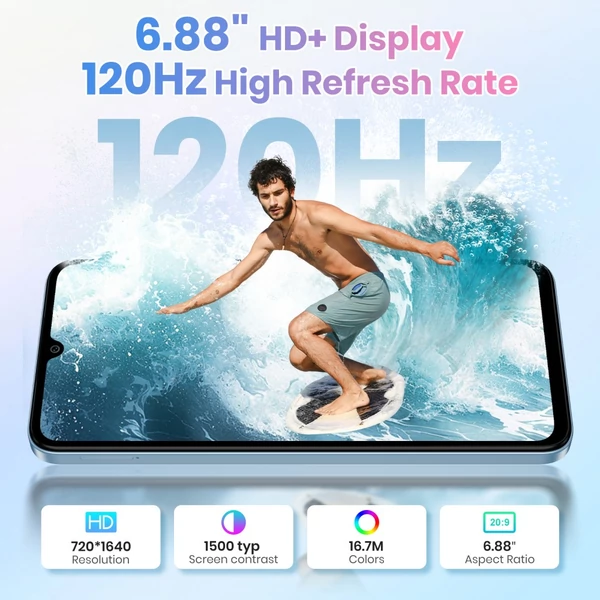 FOSSiBOT S5 okostelefon, Unisoc T615 nyolcmagos, 4GB RAM + 128GB tárhely, 6000mAh akkumulátor, 6.88'' 120Hz HD+ kijelző, 13MP hátlapi kamera, NFC - Fekete