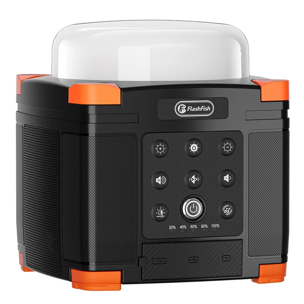 FlashFish FL9-A multifunkciós power station – 56Wh/15600mAh akku, 45W USB‑C PD, BT 5.0 hangszórók, 700LM kempinglámpa, SOS fény