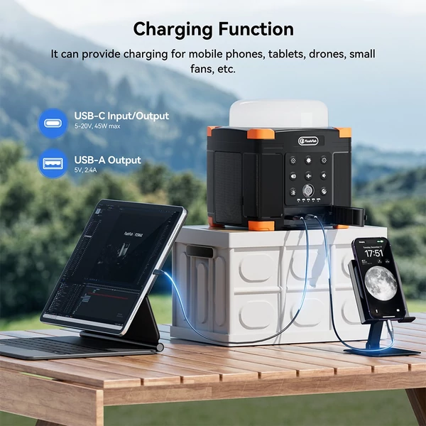 FlashFish FL9-A multifunkciós power station – 56Wh/15600mAh akku, 45W USB‑C PD, BT 5.0 hangszórók, 700LM kempinglámpa, SOS fény
