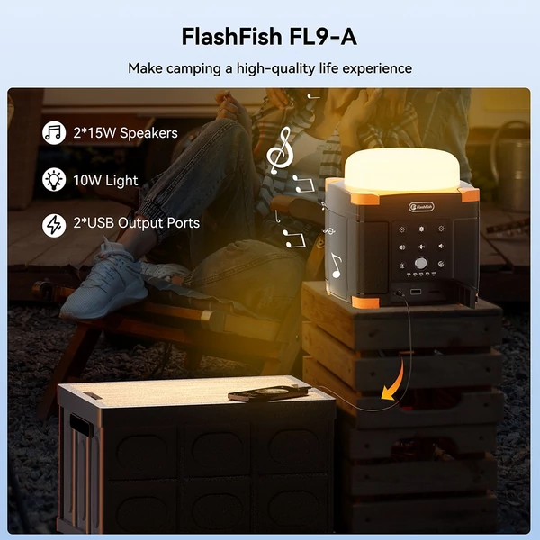 FlashFish FL9-A multifunkciós power station – 56Wh/15600mAh akku, 45W USB‑C PD, BT 5.0 hangszórók, 700LM kempinglámpa, SOS fény