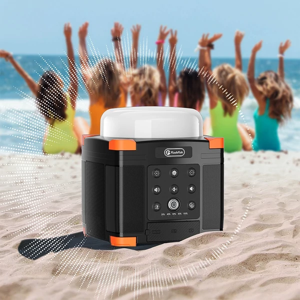 FlashFish FL9-A multifunkciós power station – 56Wh/15600mAh akku, 45W USB‑C PD, BT 5.0 hangszórók, 700LM kempinglámpa, SOS fény