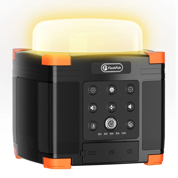 FlashFish FL9-A multifunkciós power station – 56Wh/15600mAh akku, 45W USB‑C PD, BT 5.0 hangszórók, 700LM kempinglámpa, SOS fény