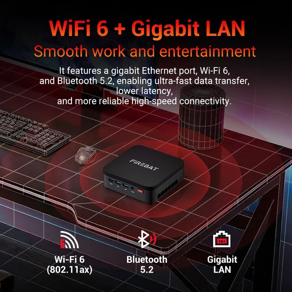 FIREBAT R3 mini PC, Ryzen 3 4300U, 16GB RAM, 512GB SSD, Radeon grafika, HDMI/DP/USB‑C 4K, M.2 bővítés, gigabit LAN, WiFi 6, BT 5.2