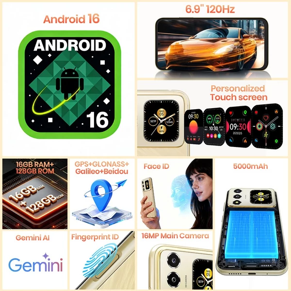 FOSSiBOT S7 okostelefon, 6.9'' 120Hz HD+ kijelző, hátsó 1.85'' képernyő, Unisoc T615, 4GB RAM, 128GB tárhely, 5000mAh, 16MP kamera, Dual 4G SIM - Arany