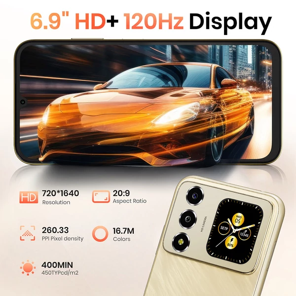FOSSiBOT S7 okostelefon, 6.9'' 120Hz HD+ kijelző, hátsó 1.85'' képernyő, Unisoc T615, 4GB RAM, 128GB tárhely, 5000mAh, 16MP kamera, Dual 4G SIM - Fekete