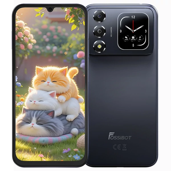 FOSSiBOT S7 okostelefon, 6.9'' 120Hz HD+ kijelző, hátsó 1.85'' képernyő, Unisoc T615, 4GB RAM, 128GB tárhely, 5000mAh, 16MP kamera, Dual 4G SIM - Fekete