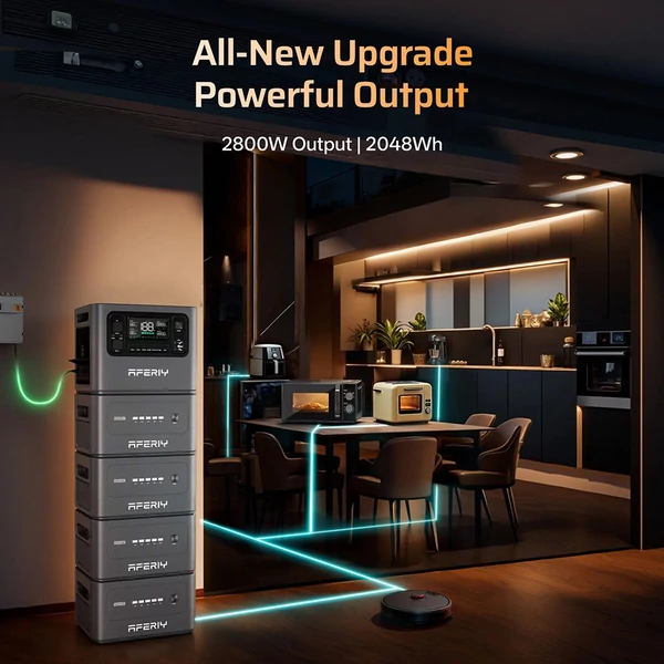 AFERIY P280 hordozható erőmű, 2800W tiszta szinusz AC, 2048Wh LiFePO4, bővíthető kapacitás, gyors töltés, 1200W napelem, UPS, okos app