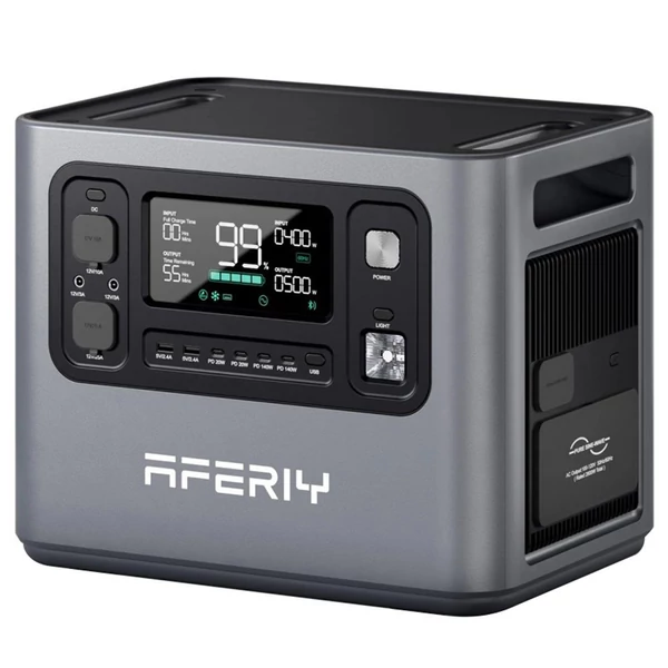 AFERIY P280 hordozható erőmű, 2800W tiszta szinusz AC, 2048Wh LiFePO4, bővíthető kapacitás, gyors töltés, 1200W napelem, UPS, okos app