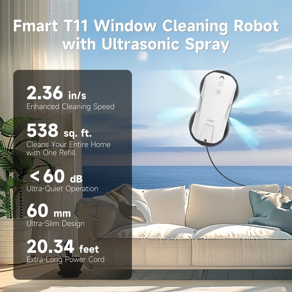 FMART T11 ablaktisztító robot 10 törlőkendővel, 5300Pa szívóerő, 4 irányú permet, 100ml tartály, 60mm vékony, UPS, 4m kötél, okos navigáció