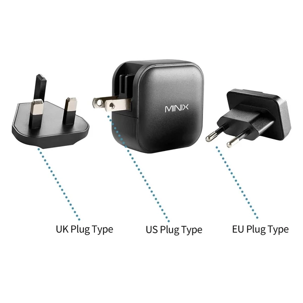MINIX P1 GaN gyorstöltő, 65W max, 2×USB‑C és 1×USB‑A porttal