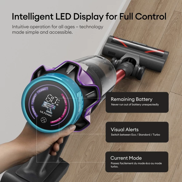 Ultenic U18 PowerPro vezeték nélküli porszívó, 55kPa szívóerő, 600W motor, 80 perc üzemidő, LED kijelző, 6 rétegű szűrés, fali töltődokkoló