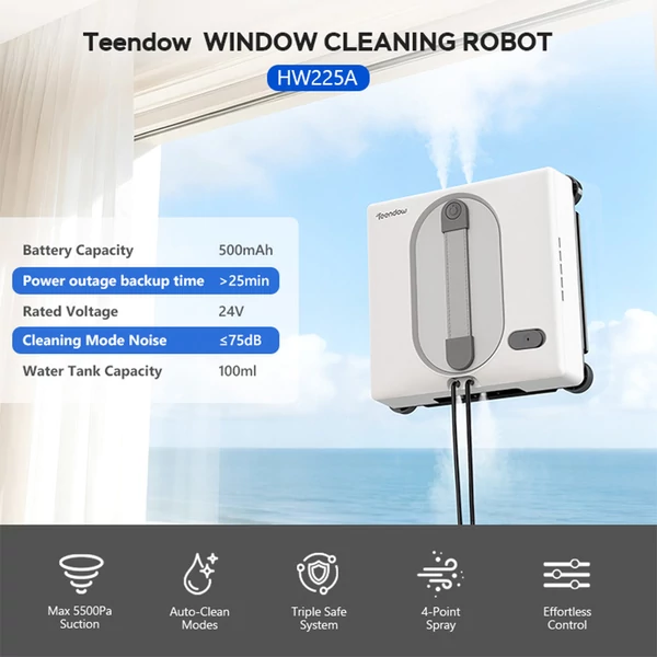 Teendow HW225A ablaktisztító robot 5500Pa szívóerővel, dupla permetezéssel, 100ml tartállyal, app/ távirányító vezérléssel, 5 üzemmóddal