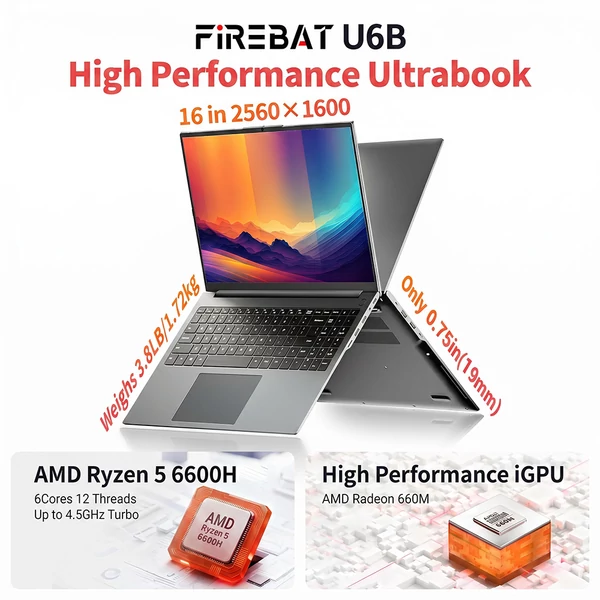 FIREBAT U6B laptop, 16 hüvelykes 2560×1600 120Hz IPS, Ryzen 5 6600H, 16GB LPDDR5, 512GB SSD, WiFi 6, BT 5.2, dupla ventilátor, 58Wh, USB‑C, HDMI