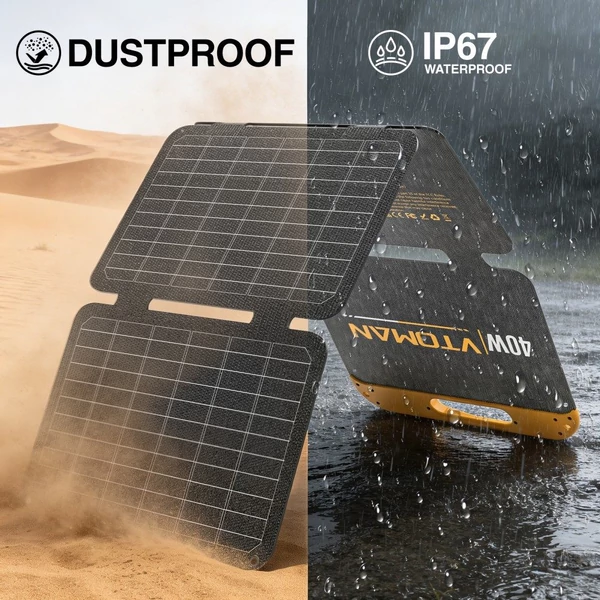 VTOMAN VS40 40W hordozható, összecsukható napelem, 25% monokristályos cellák, PD 30W USB‑C/USB‑A gyorstöltés, IP67, kempinghez és power stationhöz