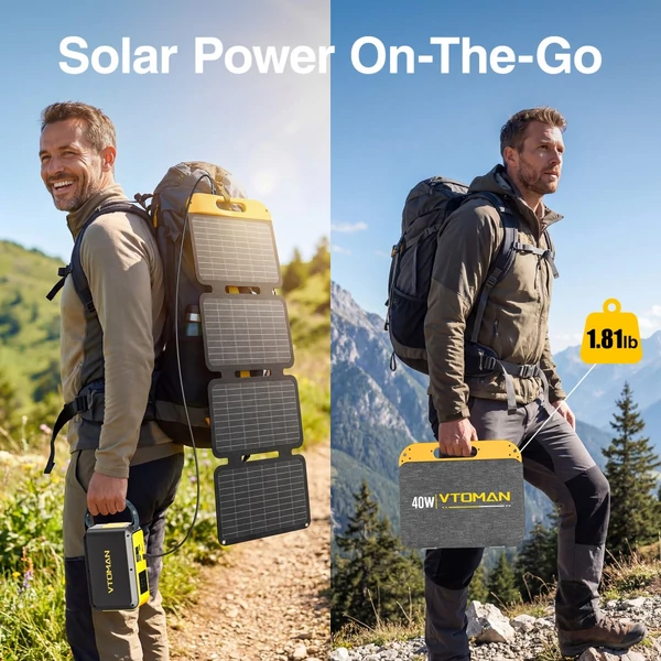 VTOMAN VS40 40W hordozható, összecsukható napelem, 25% monokristályos cellák, PD 30W USB‑C/USB‑A gyorstöltés, IP67, kempinghez és power stationhöz