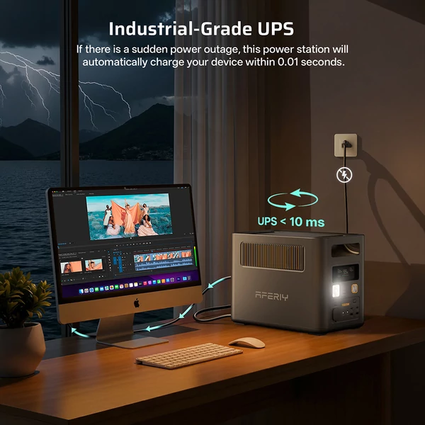 AFERIY Nomad1800 Pro hordozható erőmű, 1800W tiszta szinusz, 1024Wh LiFePO4, bővíthető 5120Wh‑ra, 1000W AC gyorstöltés, 500W napelem