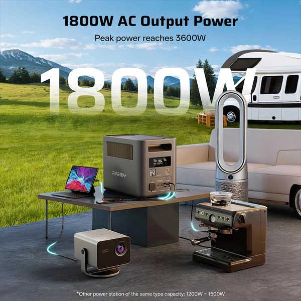 AFERIY Nomad1800 Pro hordozható erőmű, 1800W tiszta szinusz, 1024Wh LiFePO4, bővíthető 5120Wh‑ra, 1000W AC gyorstöltés, 500W napelem