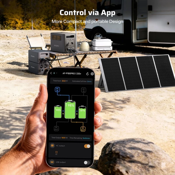 AFERIY Nomad1800 Pro hordozható erőmű, 1800W tiszta szinusz, 1024Wh LiFePO4, bővíthető 5120Wh‑ra, 1000W AC gyorstöltés, 500W napelem