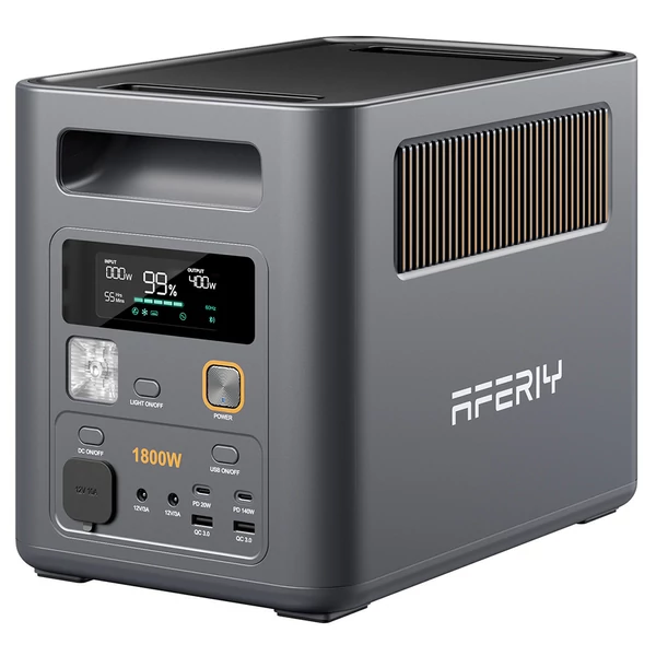 AFERIY Nomad1800 Pro hordozható erőmű, 1800W tiszta szinusz, 1024Wh LiFePO4, bővíthető 5120Wh‑ra, 1000W AC gyorstöltés, 500W napelem