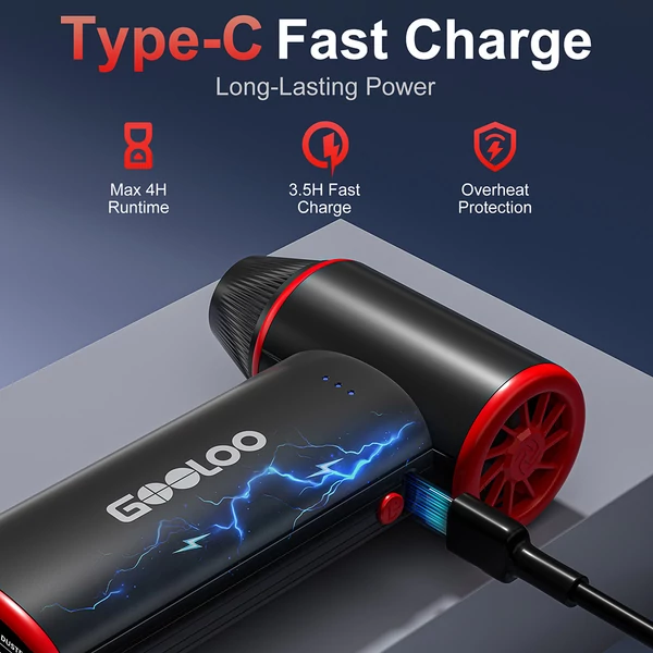GOOLOO F3 elektromos levegőfúvó, 150000 ford./perc turbó légáram, 5000mAh akku, 3 fokozat, 4 órás üzemidő, Type‑C gyors töltés – Fekete