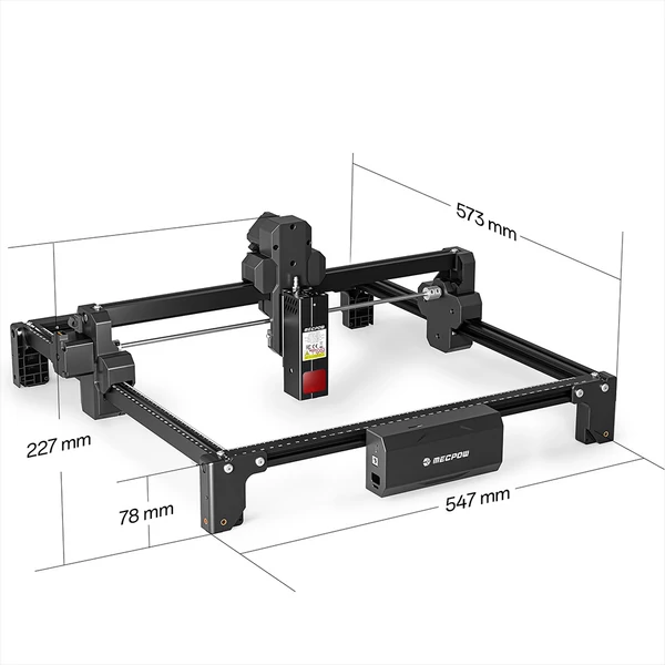 Mecpow X3S 7W lézergravírozó, 10000 mm/perc sebesség, 0.01 mm pontosság, 360×360 mm munkaterület, WiFi/USB‑C, offline gravírozás