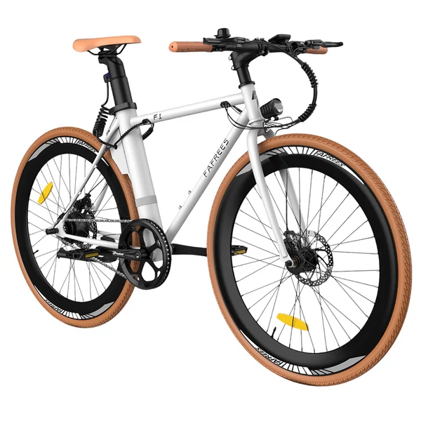 Fafrees F1 elektromos kerékpár, 250W motorral, 36V 10Ah akkumulátorral, 700C×38C gumik, 25km/h, 90km hatótáv – Narancs‑fehér