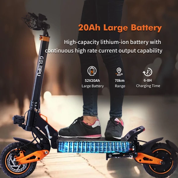 GELEIPU Z1 Pro elektromos roller, 2×1200W motor, 52V 20Ah akku, 65km/h, 70km hatótáv, 10" kerék, dupla tárcsafék, négykaros rugózás